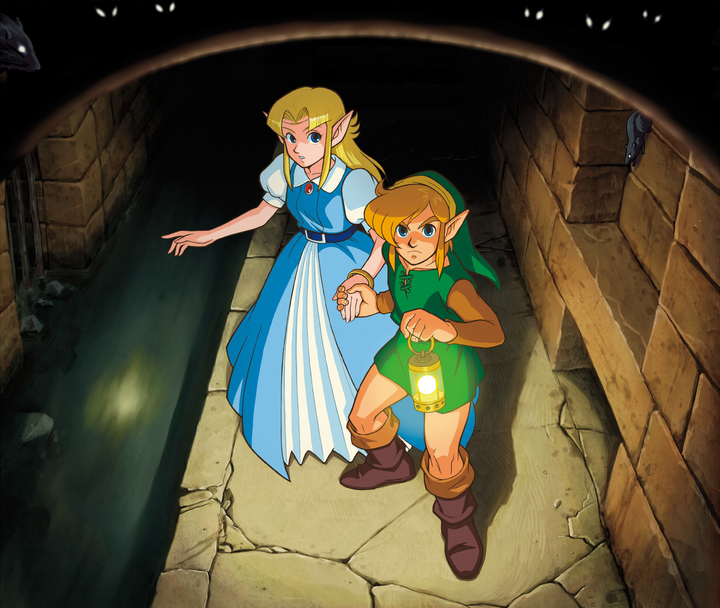 Zelda et Link s’enfuyant à travers les égoûts du Château d’Hyrule  (Artwork - Illustrations (Game Boy Advance) - A Link to the Past)