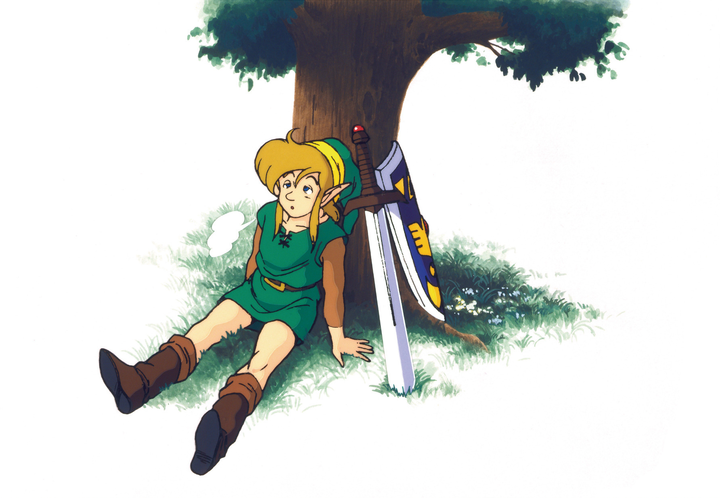  Link se reposant sous un arbre, armes déposées (Artwork - Illustrations (Super Nintendo) - A Link to the Past)