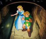 Zelda et Link s’enfuyant à travers les égoûts du Château d’Hyrule 