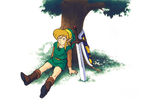  Link se reposant sous un arbre, armes déposées