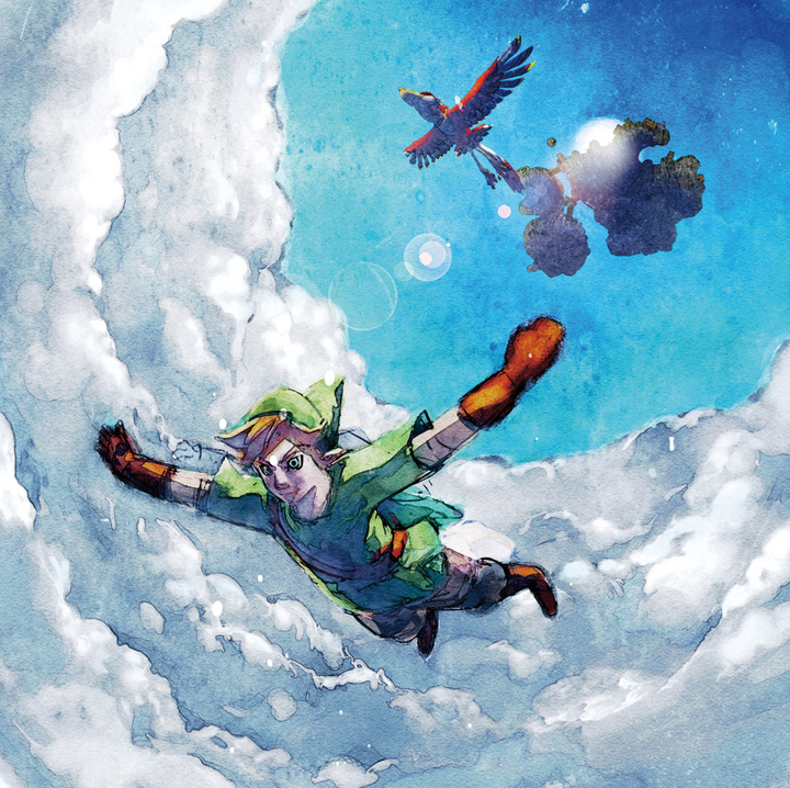 Link plongeant dans l'air depuis Célesbourg (Artwork - Illustrations - Skyward Sword)