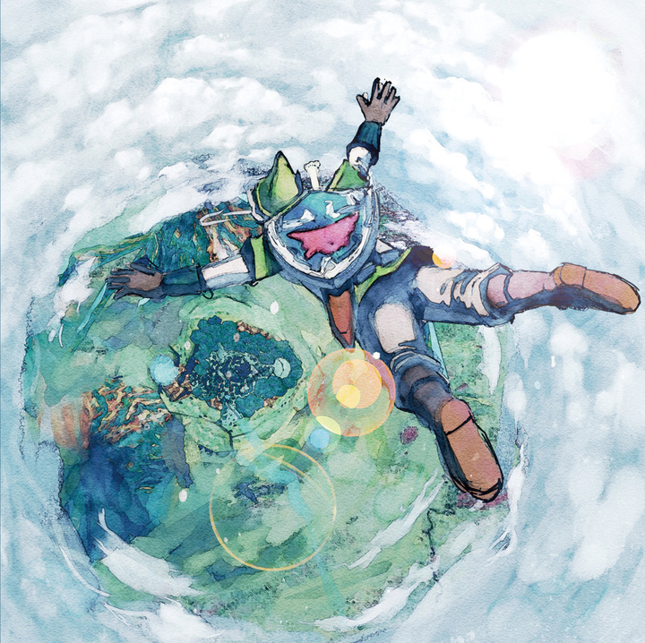 Link plongeant dans l'air vers la forêt de Firone (Artwork - Illustrations - Skyward Sword)